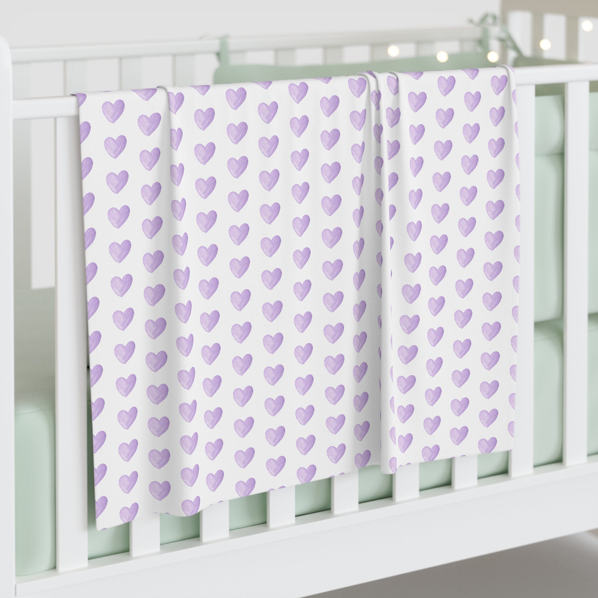 Baby Swaddle Blanket in preppy watercolor heart print pattern - lavender and white for boys or girls