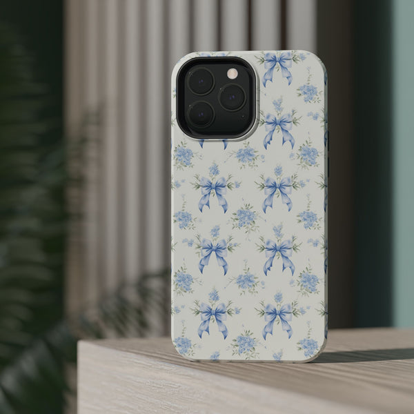 Mag Safe Phone Case  Preppy Blue Bows and Floral Design Magnetic Tough Case for iPhone - Durable