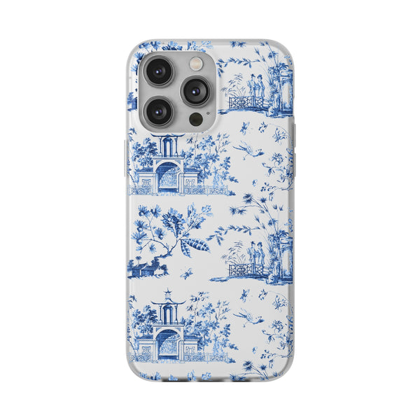 Flexible Phone Case - Chinoiserie Blue and White Toile Pagoda iPhone Samsung, White Background with Blue Toile Pattern
