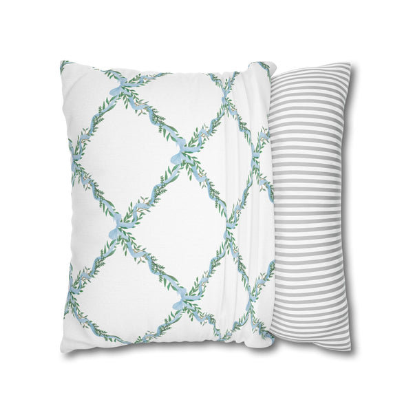 Watercolor Lattice Floral Bow Blue Pillow Cover with Zip Closure - Cover Only - Insert not included - teen, tween, dorm room