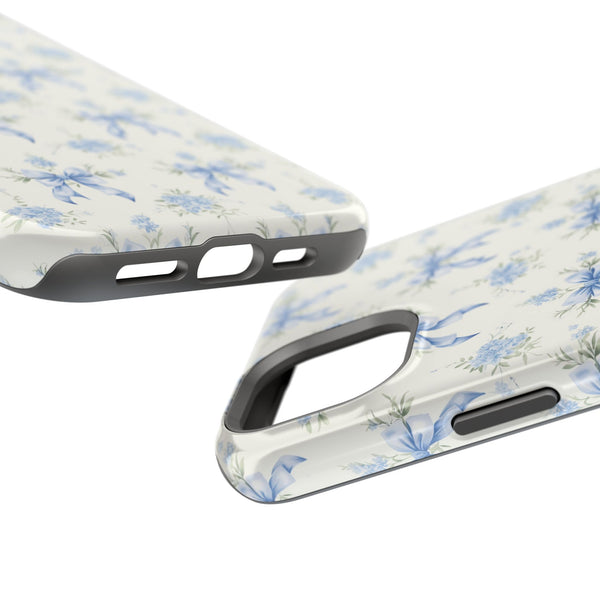 Mag Safe Phone Case  Preppy Blue Bows and Floral Design Magnetic Tough Case for iPhone - Durable