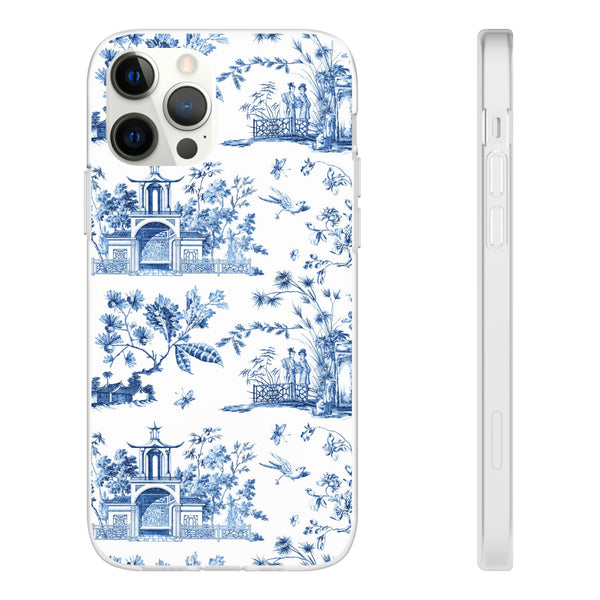 Flexible Phone Case - Chinoiserie Blue and White Toile Pagoda iPhone Samsung, White Background with Blue Toile Pattern