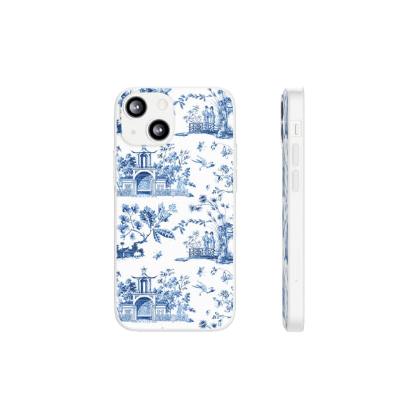 Flexible Phone Case - Chinoiserie Blue and White Toile Pagoda iPhone Samsung, White Background with Blue Toile Pattern