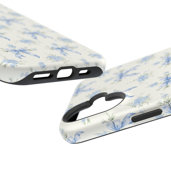 Mag Safe Phone Case  Preppy Blue Bows and Floral Design Magnetic Tough Case for iPhone - Durable