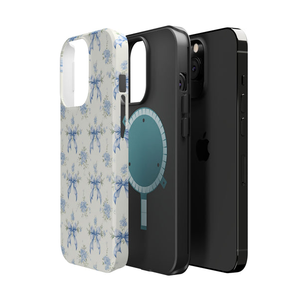 Mag Safe Phone Case  Preppy Blue Bows and Floral Design Magnetic Tough Case for iPhone - Durable