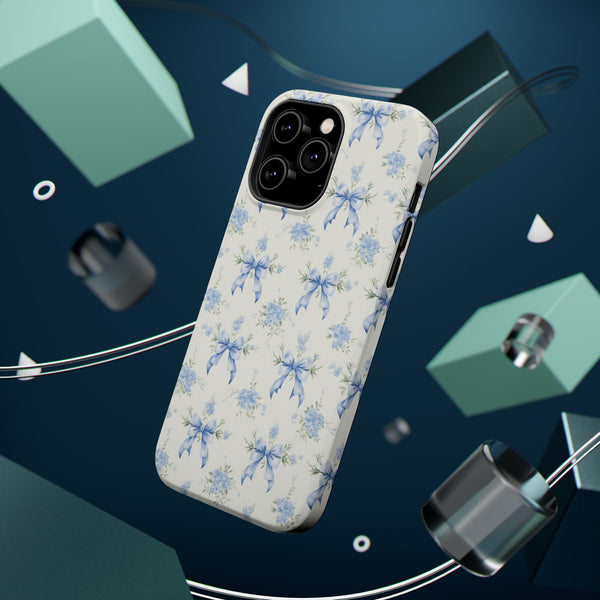 Mag Safe Phone Case  Preppy Blue Bows and Floral Design Magnetic Tough Case for iPhone - Durable