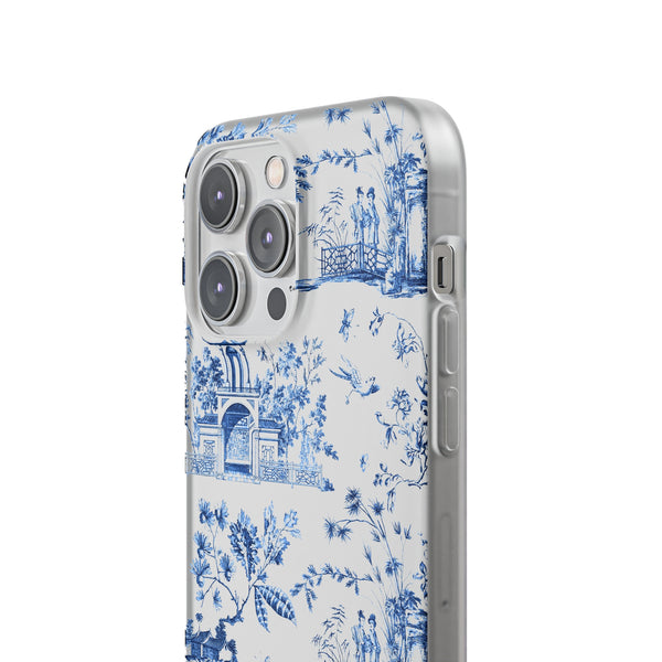 Flexible Phone Case - Chinoiserie Blue and White Toile Pagoda iPhone Samsung, White Background with Blue Toile Pattern
