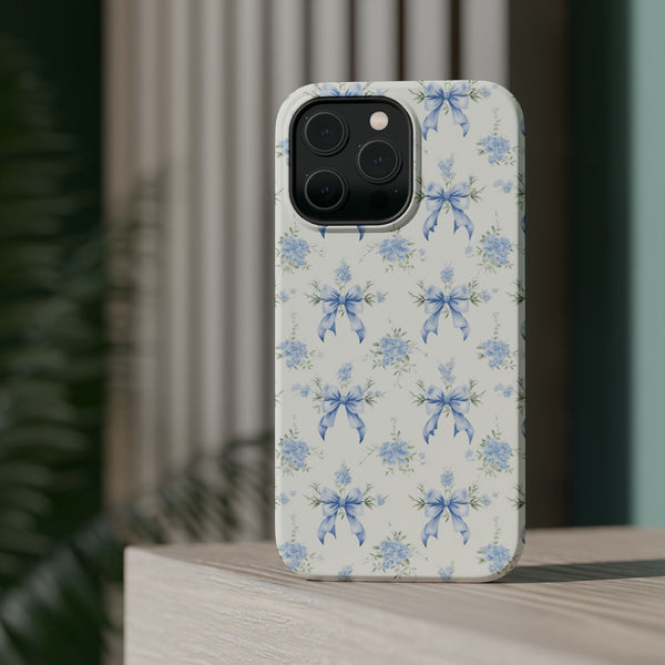 Mag Safe Phone Case  Preppy Blue Bows and Floral Design Magnetic Tough Case for iPhone - Durable