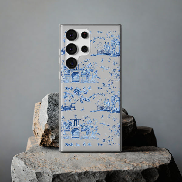 Flexible Phone Case - Chinoiserie Blue and White Toile Pagoda iPhone Samsung, White Background with Blue Toile Pattern