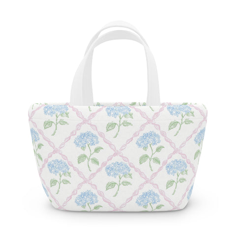 Preppy Blue Hydrangea pink ribbon lattice lunch bag, insulated, cooler bag, One size, washable, magnet closure