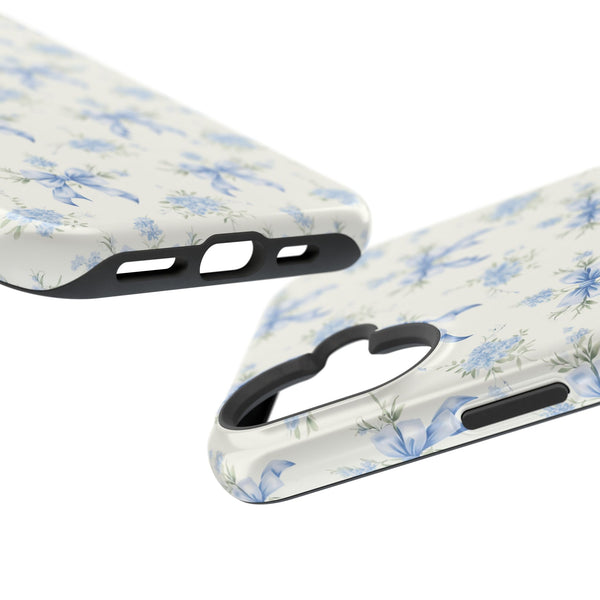 Mag Safe Phone Case  Preppy Blue Bows and Floral Design Magnetic Tough Case for iPhone - Durable