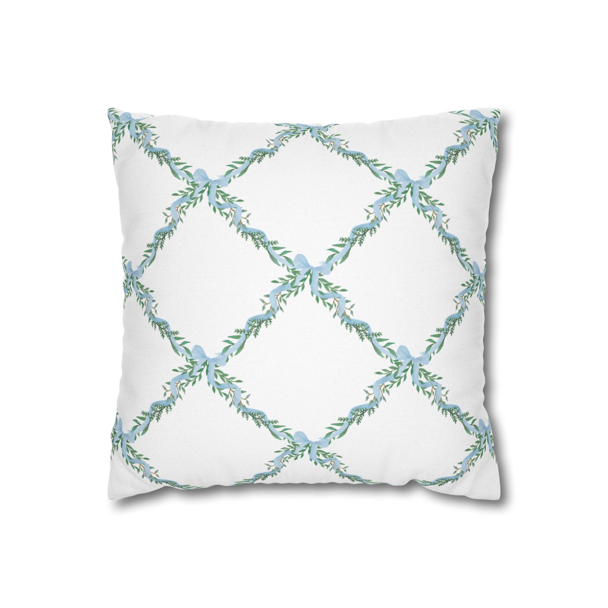 Watercolor Lattice Floral Bow Blue Pillow Cover with Zip Closure - Cover Only - Insert not included - teen, tween, dorm room