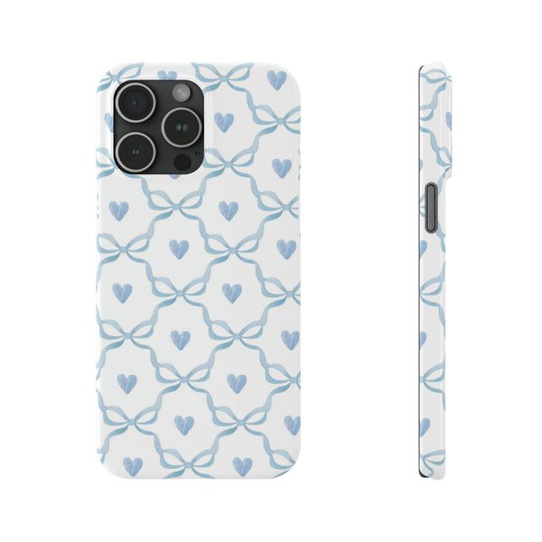 Bow and Heart Collab Print, Coquette blue and white, loveshackfancy inspired, preppy print Phone Case, all iPhone 15 14 Plus Pro Max 13