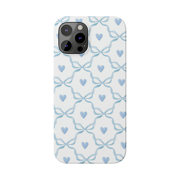 Bow and Heart Collab Print, Coquette blue and white, loveshackfancy inspired, preppy print Phone Case, all iPhone 15 14 Plus Pro Max 13