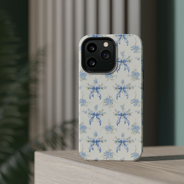 Mag Safe Phone Case  Preppy Blue Bows and Floral Design Magnetic Tough Case for iPhone - Durable