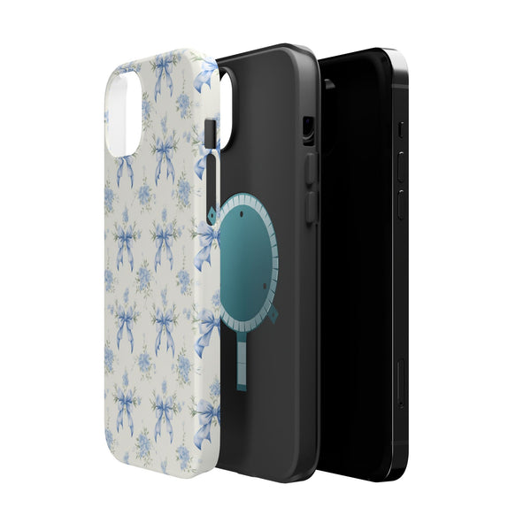 Mag Safe Phone Case  Preppy Blue Bows and Floral Design Magnetic Tough Case for iPhone - Durable
