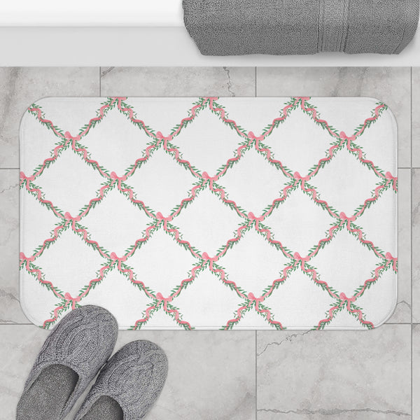 Bathmat Preppy Bow Lattice Watercolor Pink Bath Mat Plush White, Available in Two Sizes, Standard and Large - anti-slip back