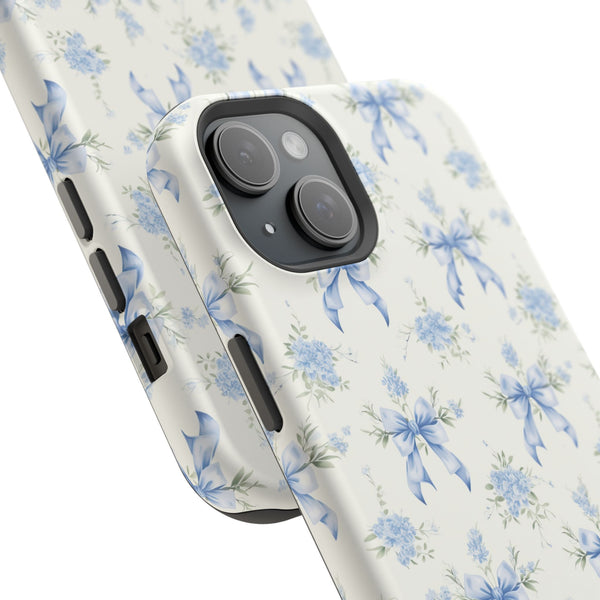Mag Safe Phone Case  Preppy Blue Bows and Floral Design Magnetic Tough Case for iPhone - Durable