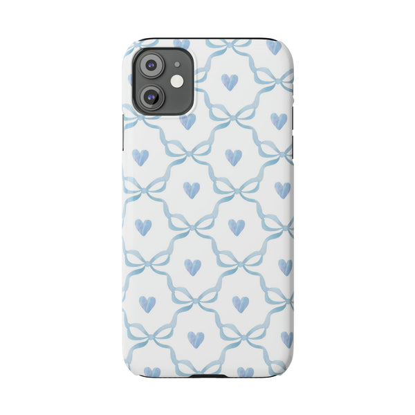 Bow and Heart Collab Print, Coquette blue and white, loveshackfancy inspired, preppy print Phone Case, all iPhone 15 14 Plus Pro Max 13