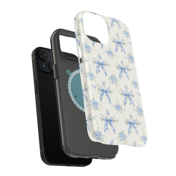 Mag Safe Phone Case  Preppy Blue Bows and Floral Design Magnetic Tough Case for iPhone - Durable