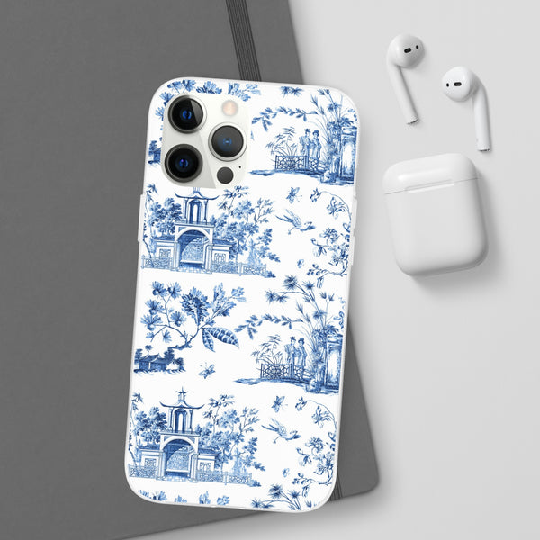 Flexible Phone Case - Chinoiserie Blue and White Toile Pagoda iPhone Samsung, White Background with Blue Toile Pattern