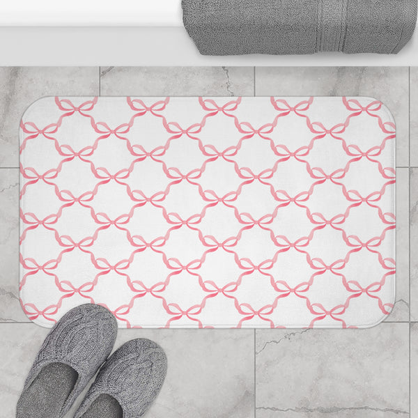 Bath Mat Watercolor Pink Bows Pattern, two sizes, anti-slip back