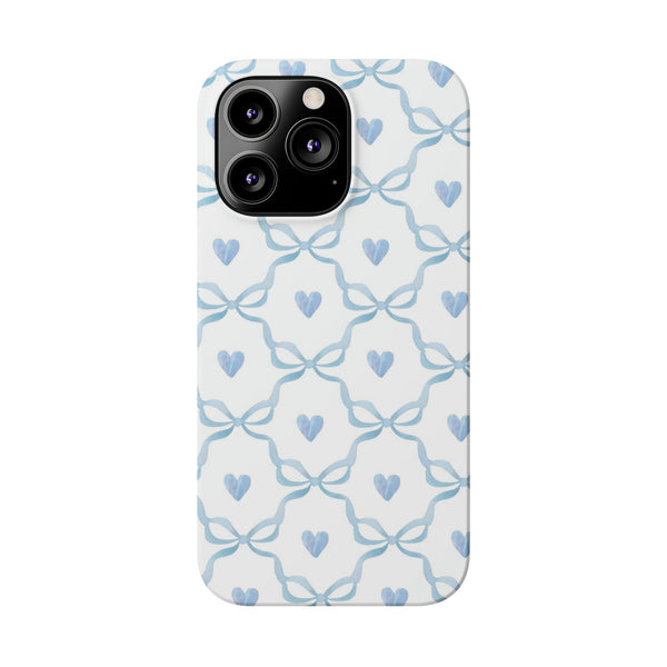 Bow and Heart Collab Print, Coquette blue and white, loveshackfancy inspired, preppy print Phone Case, all iPhone 15 14 Plus Pro Max 13