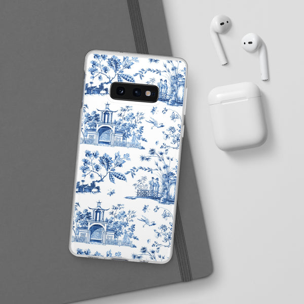 Flexible Phone Case - Chinoiserie Blue and White Toile Pagoda iPhone Samsung, White Background with Blue Toile Pattern