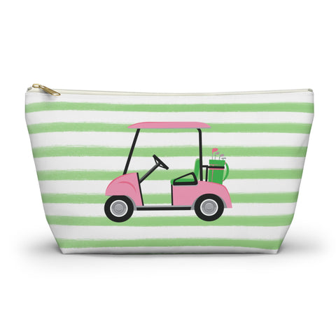 Golf Cart - Preppy Stripes Accessory Zip Pouch Available in Two Sizes - White Canvas, gold zipper Golf lover gift, Golf team gift