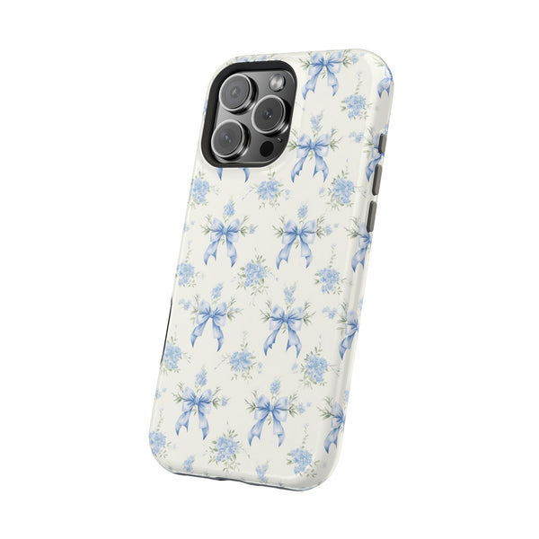 Mag Safe Phone Case  Preppy Blue Bows and Floral Design Magnetic Tough Case for iPhone - Durable