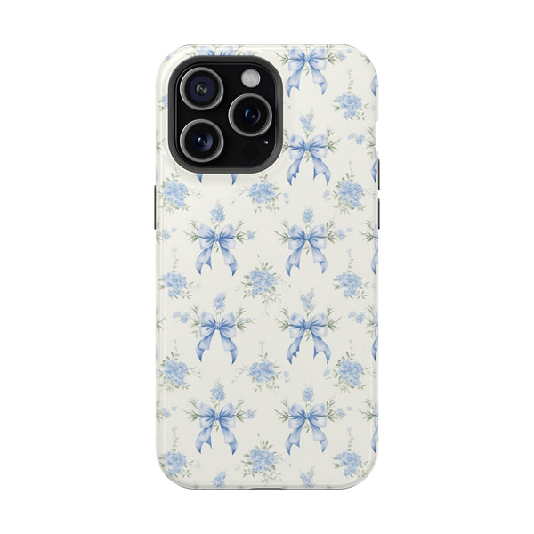 Mag Safe Phone Case  Preppy Blue Bows and Floral Design Magnetic Tough Case for iPhone - Durable