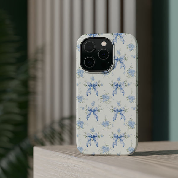 Mag Safe Phone Case  Preppy Blue Bows and Floral Design Magnetic Tough Case for iPhone - Durable