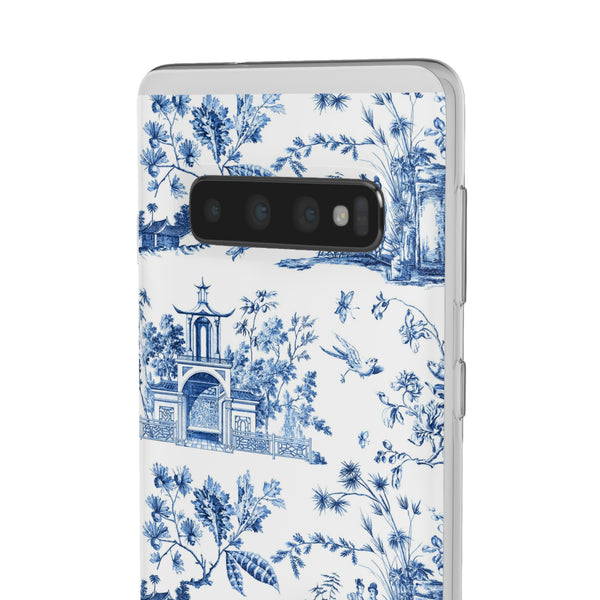 Flexible Phone Case - Chinoiserie Blue and White Toile Pagoda iPhone Samsung, White Background with Blue Toile Pattern
