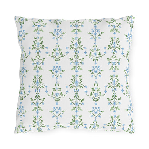 Blue Preppy Floral Outdoor Pillows, Grand Millennial Design, Block Print, Patio Cushion Covers, Choose from 4 Sizes