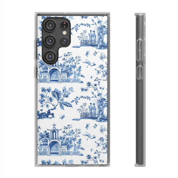 Flexible Phone Case - Chinoiserie Blue and White Toile Pagoda iPhone Samsung, White Background with Blue Toile Pattern