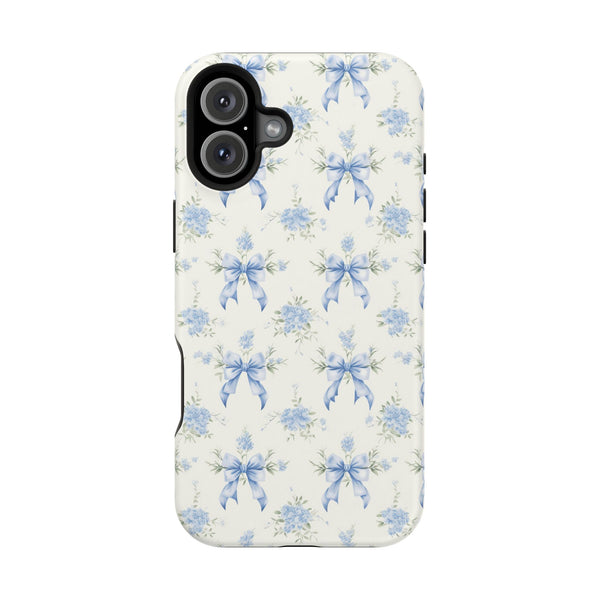 Mag Safe Phone Case  Preppy Blue Bows and Floral Design Magnetic Tough Case for iPhone - Durable