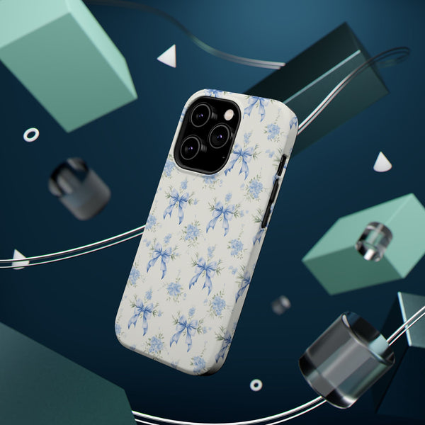 Mag Safe Phone Case  Preppy Blue Bows and Floral Design Magnetic Tough Case for iPhone - Durable