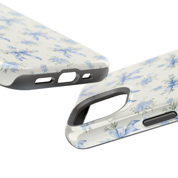 Mag Safe Phone Case  Preppy Blue Bows and Floral Design Magnetic Tough Case for iPhone - Durable