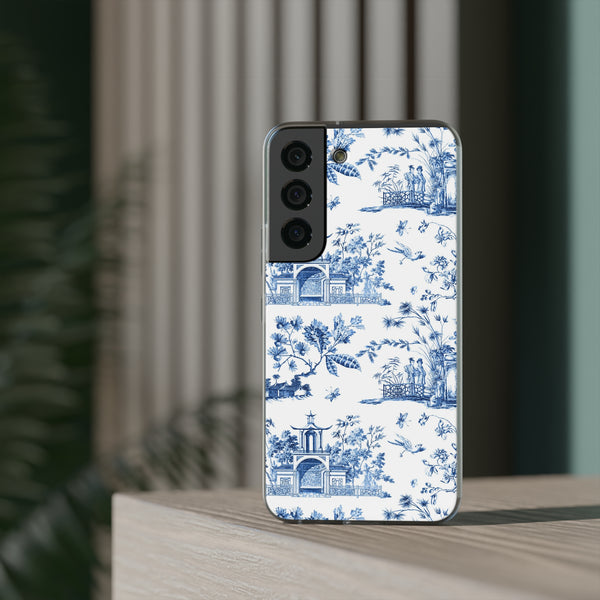 Flexible Phone Case - Chinoiserie Blue and White Toile Pagoda iPhone Samsung, White Background with Blue Toile Pattern