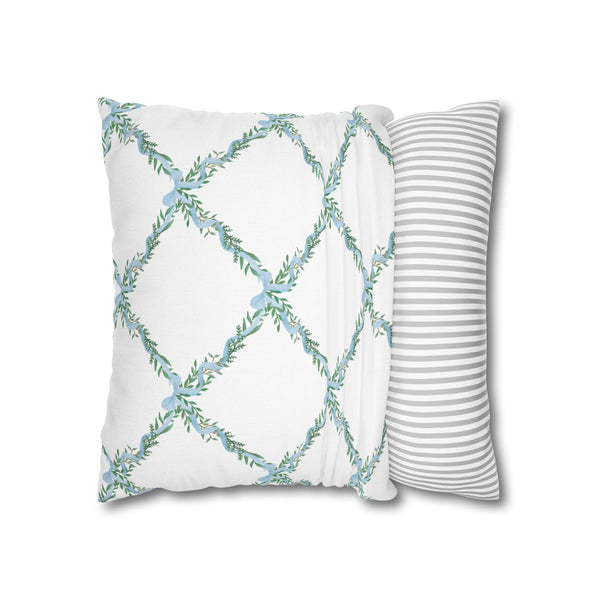 Watercolor Lattice Floral Bow Blue Pillow Cover with Zip Closure - Cover Only - Insert not included - teen, tween, dorm room
