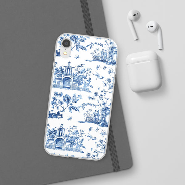 Flexible Phone Case - Chinoiserie Blue and White Toile Pagoda iPhone Samsung, White Background with Blue Toile Pattern