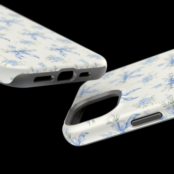 Mag Safe Phone Case  Preppy Blue Bows and Floral Design Magnetic Tough Case for iPhone - Durable