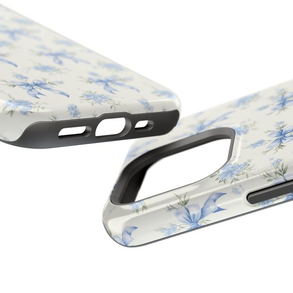 Mag Safe Phone Case  Preppy Blue Bows and Floral Design Magnetic Tough Case for iPhone - Durable