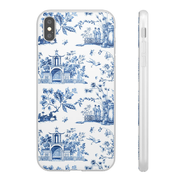 Flexible Phone Case - Chinoiserie Blue and White Toile Pagoda iPhone Samsung, White Background with Blue Toile Pattern