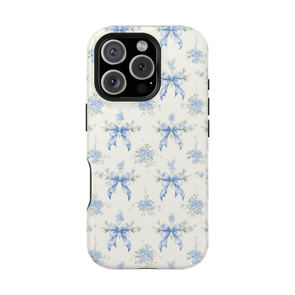 Mag Safe Phone Case  Preppy Blue Bows and Floral Design Magnetic Tough Case for iPhone - Durable