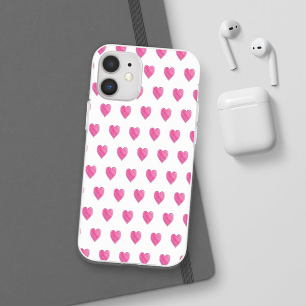Flexible Phone Case - Preppy Hearts Watercolor Pink - Clear Shell pink Hearts - your case color will show through