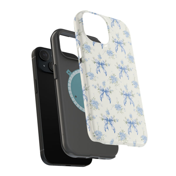 Mag Safe Phone Case  Preppy Blue Bows and Floral Design Magnetic Tough Case for iPhone - Durable