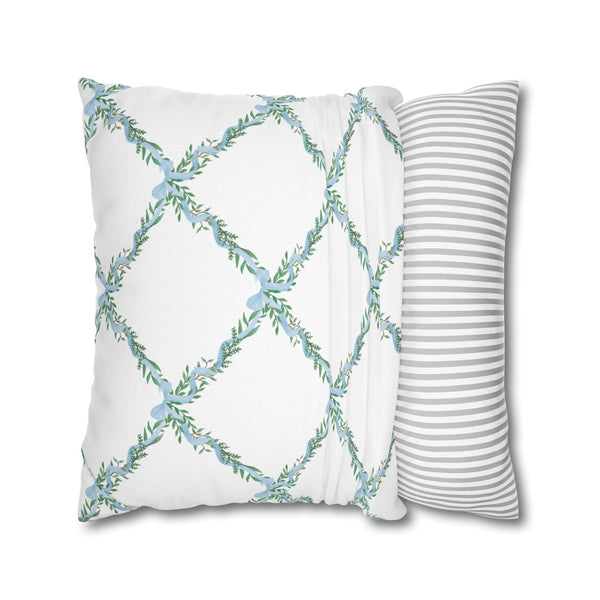 Watercolor Lattice Floral Bow Blue Pillow Cover with Zip Closure - Cover Only - Insert not included - teen, tween, dorm room