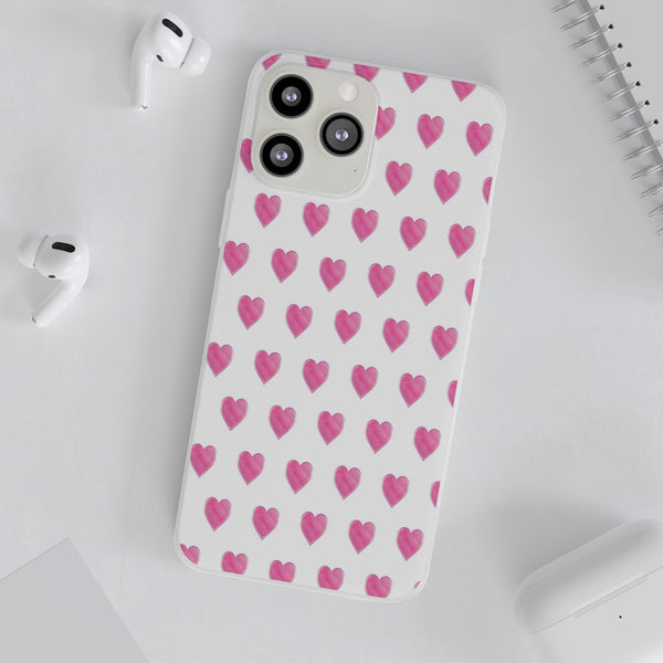 Flexible Phone Case - Preppy Hearts Watercolor Pink - Clear Shell pink Hearts - your case color will show through
