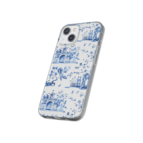 Flexible Phone Case - Chinoiserie Blue and White Toile Pagoda iPhone Samsung, White Background with Blue Toile Pattern